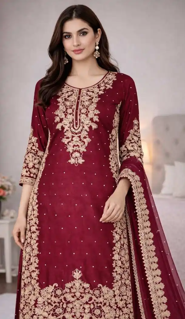 Maroon Wedding Wear Suit with Moti Work - 217919