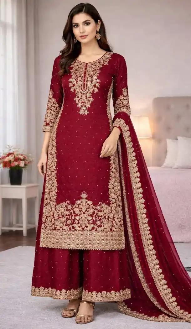 Maroon Wedding Wear Suit with Moti Work - 217919