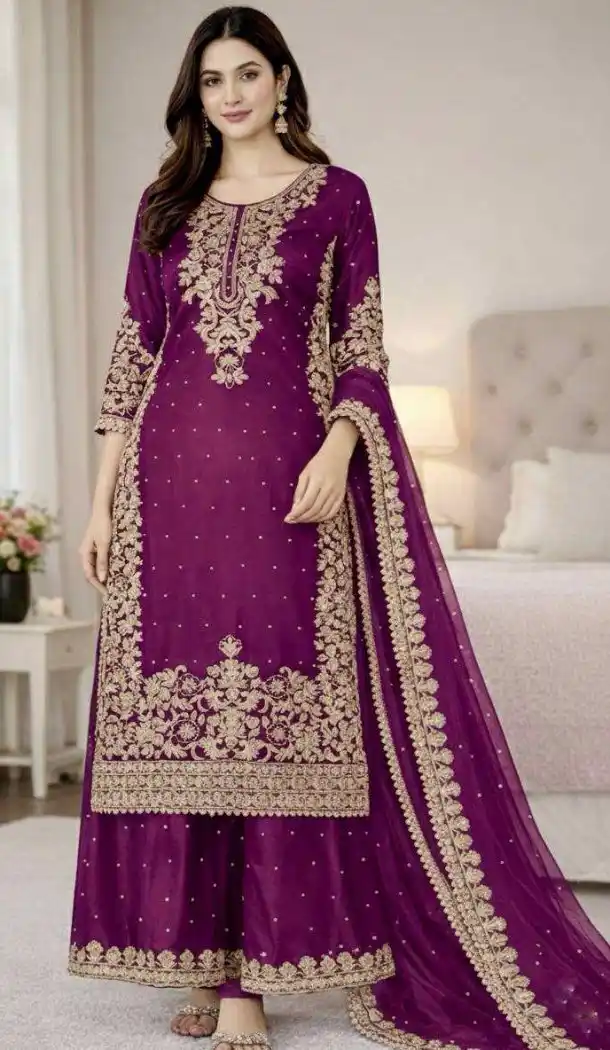 Purple Traditional Palazzo Suit with Heavy Work - 217921
