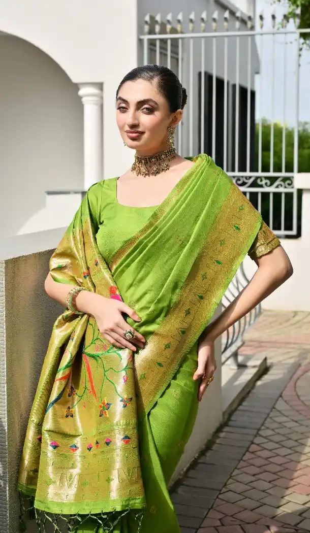 Green Traditional Wear Saree with Zari Work - 217938