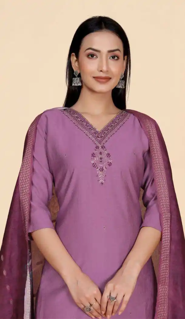 Lavender Vertical Viscose Suit with Hand Work - 217994
