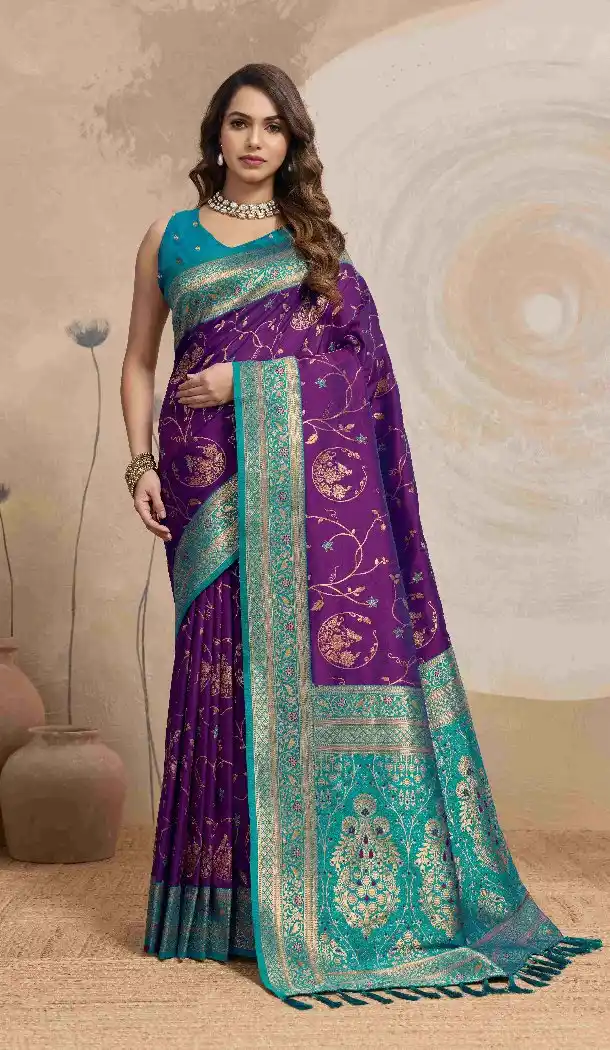 Purple Banarasi Silk Saree with Zari Work - 218015