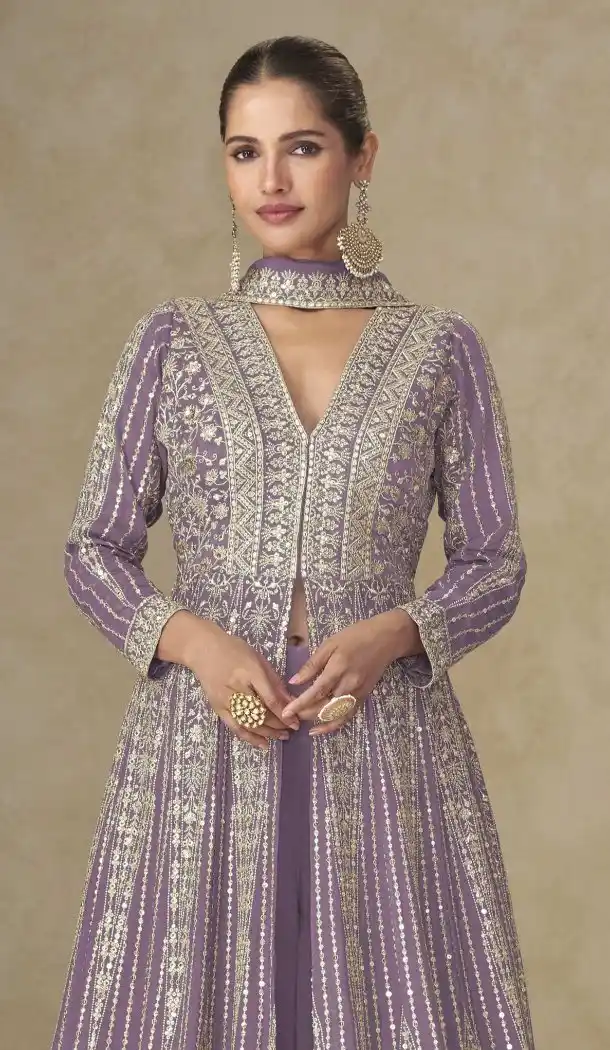 Purple Chinon Anarkali Suit with Embroidery Work - 218097
