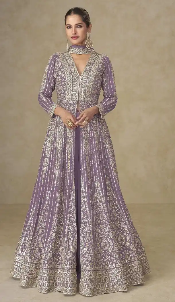 Purple Chinon Anarkali Suit with Embroidery Work - 218097