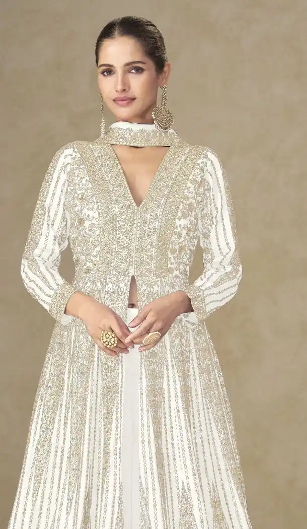 White Chinon Anarkali Suit with Embroidery Work - 218099