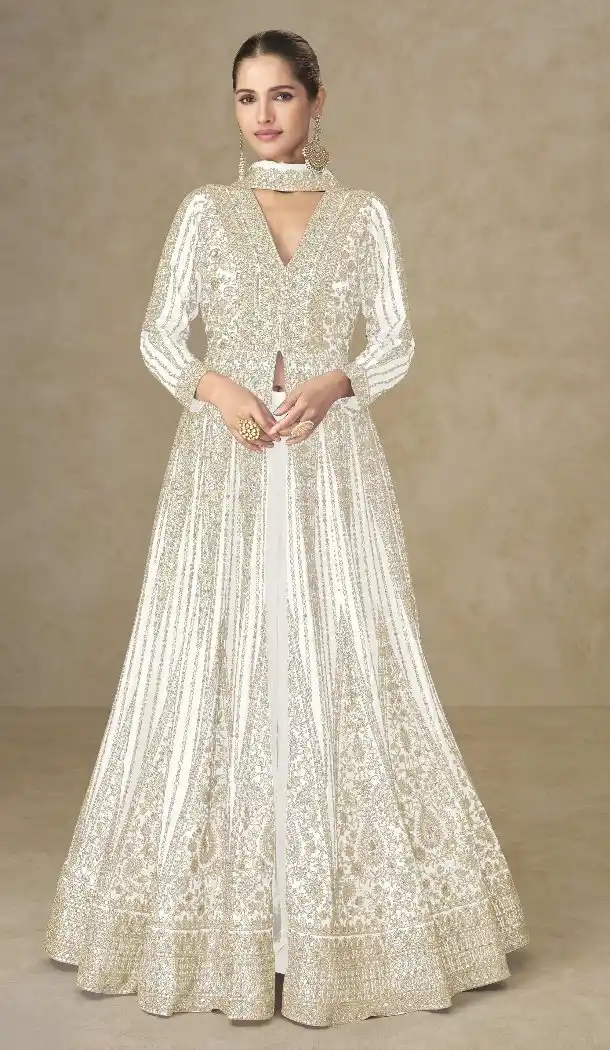 White Chinon Anarkali Suit with Embroidery Work - 218099