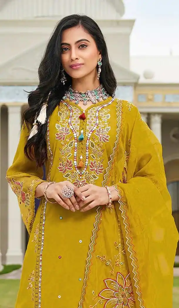 Yellow Cotton Pakistani Suit with Embroidery Sequence Work - 218100