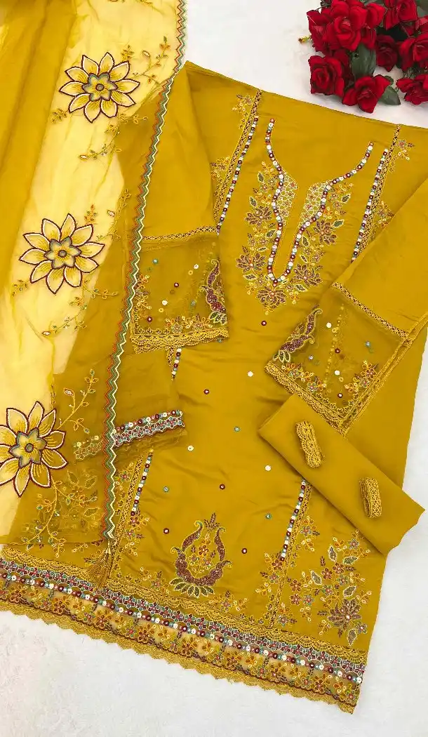 Yellow Cotton Pakistani Suit with Embroidery Sequence Work - 218100