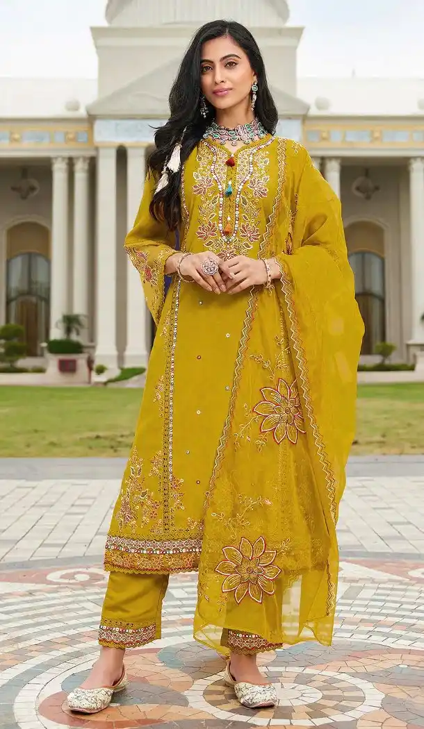 Yellow Cotton Pakistani Suit with Embroidery Sequence Work - 218100