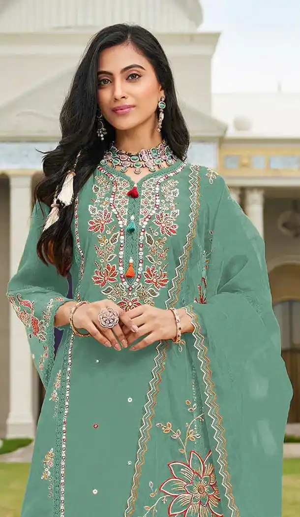 Light Green Pakistani Suit with Embroidery Work - 218101