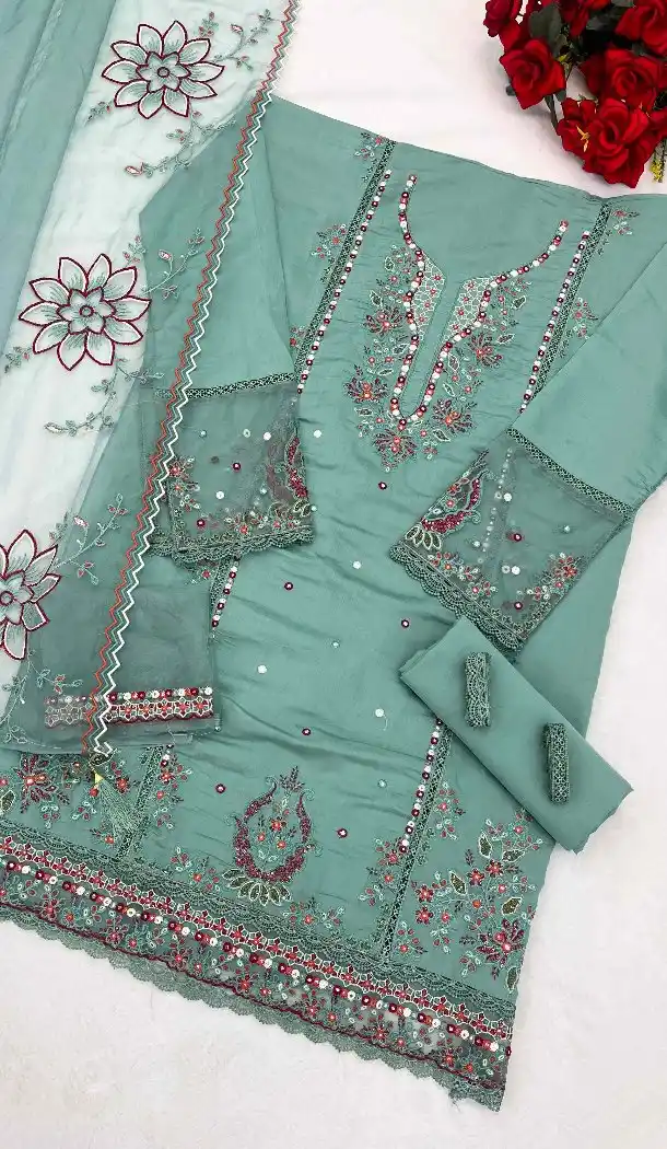 Light Green Pakistani Suit with Embroidery Work - 218101