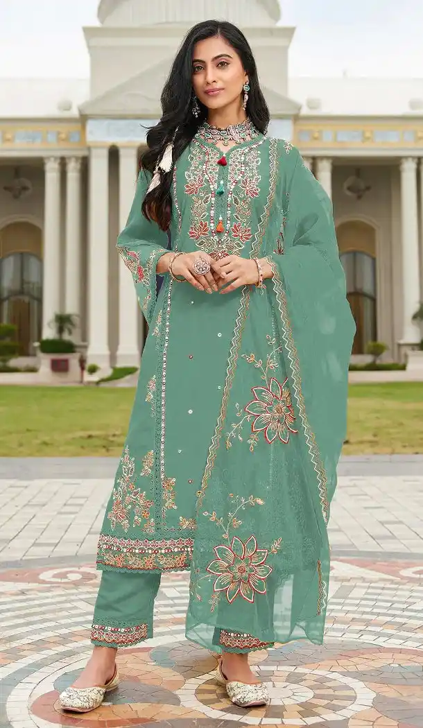 Light Green Pakistani Suit with Embroidery Work - 218101