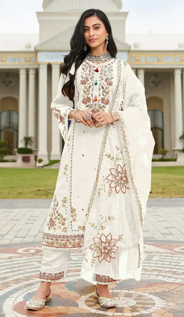 White Pakistani Suit with Embroidery Sequence Work - 218103