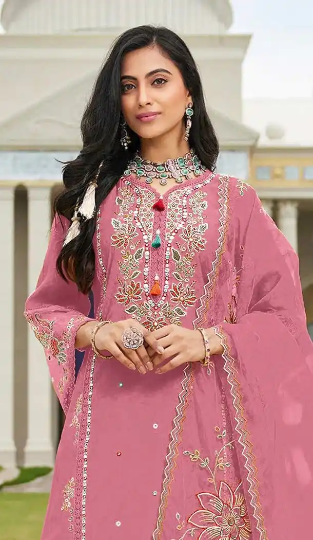 Pink Cotton Pakistani Suit with Embroidery Work - 218104