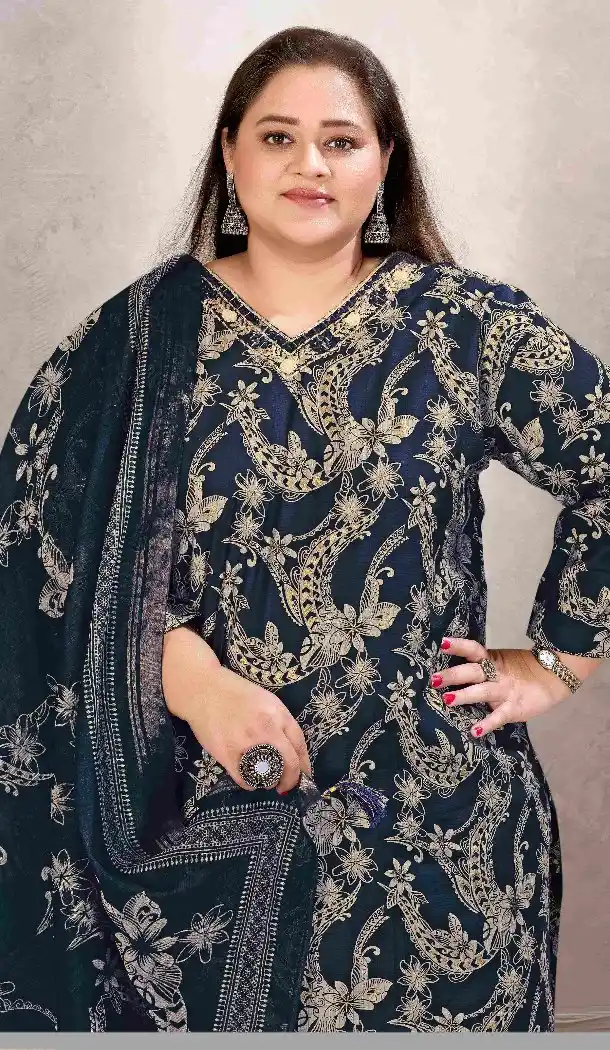 Navy Blue Lichi Viscose Salwar Suit with Printed Work - 218105