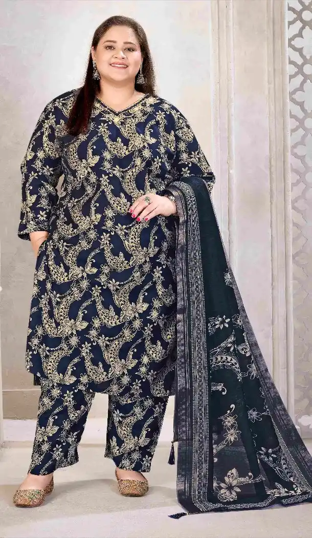 Navy Blue Lichi Viscose Salwar Suit with Printed Work - 218105