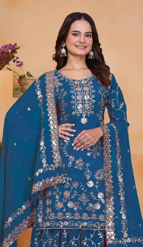 Blue Palazzo Suit in Fox Georgette with Sequence Work - 218044