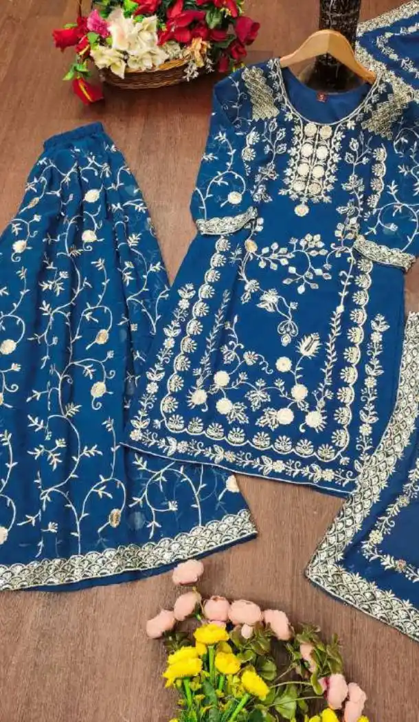 Blue Palazzo Suit in Fox Georgette with Sequence Work - 218044