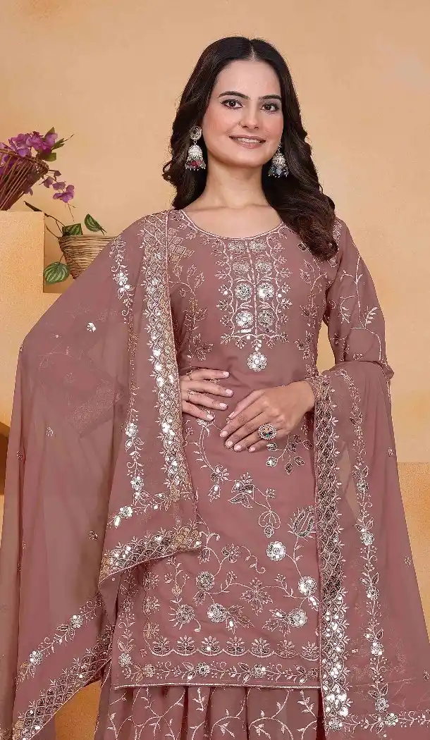 Dusty Rose Palazzo Suit in Fox Georgette with Sequence Work - 218045