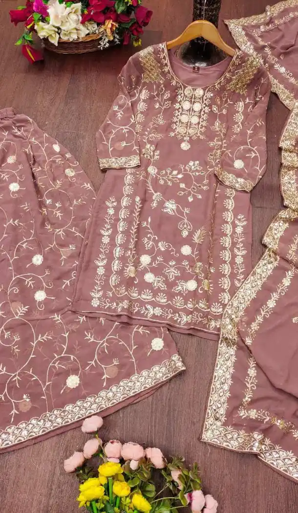 Dusty Rose Palazzo Suit in Fox Georgette with Sequence Work - 218045