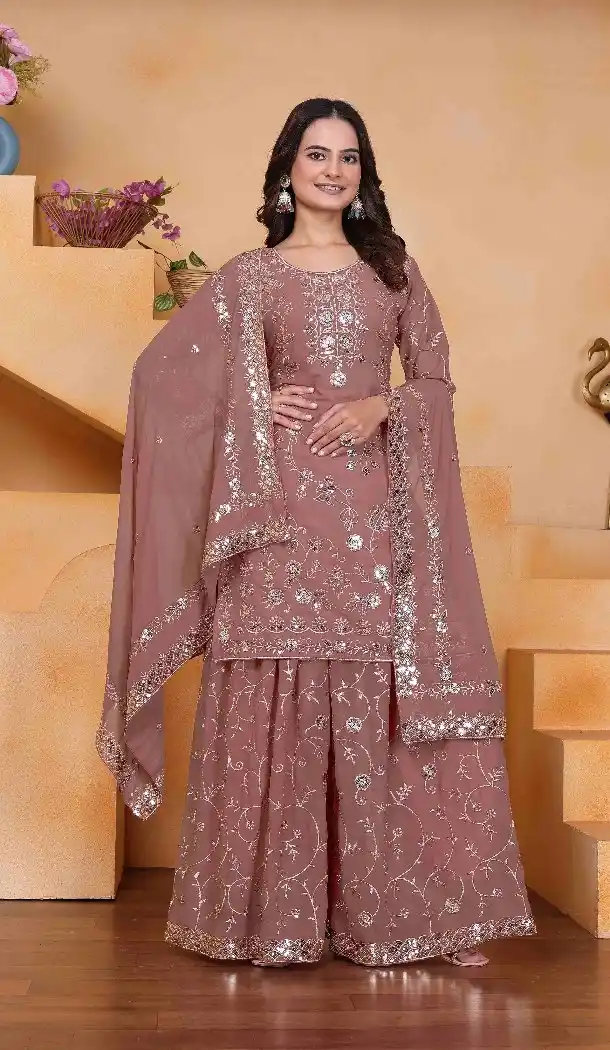 Dusty Rose Palazzo Suit in Fox Georgette with Sequence Work - 218045