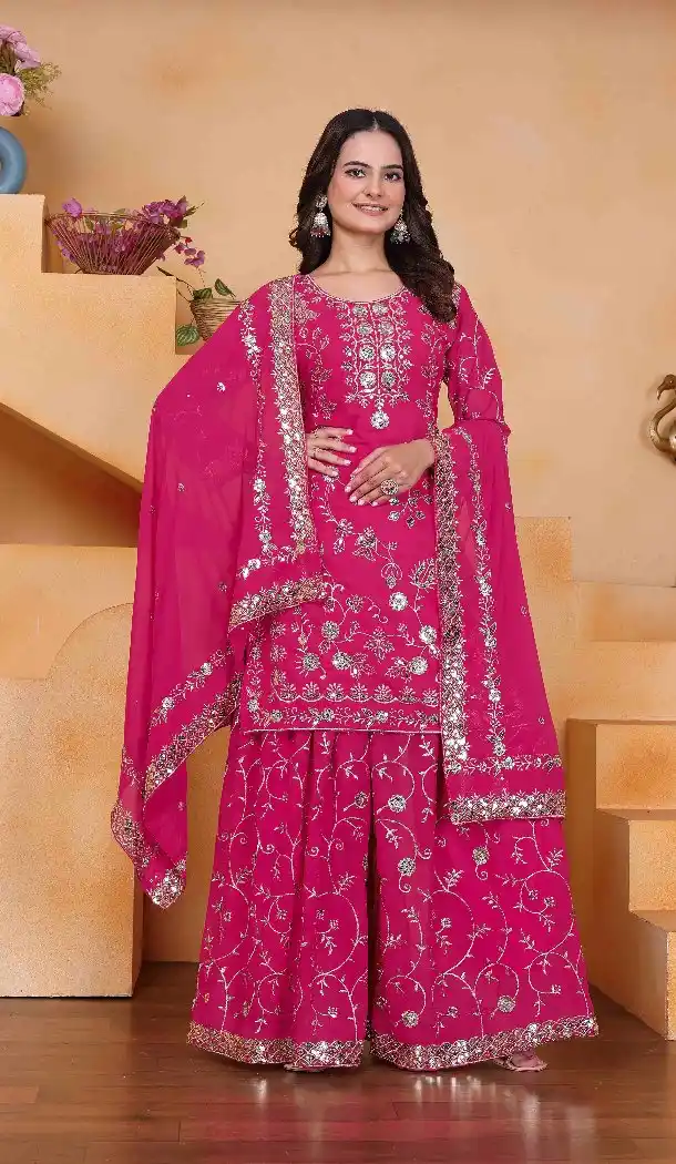 Rani Pink Palazzo Suit in Fox Georgette with Sequence Work - 218046