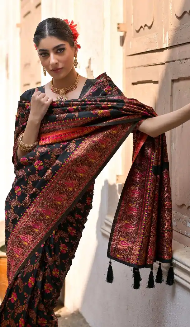 Black Kashmir Weaving Saree in Soft Pashmina Silk - 218072