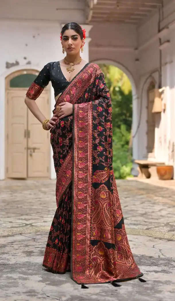 Black Kashmir Weaving Saree in Soft Pashmina Silk - 218072