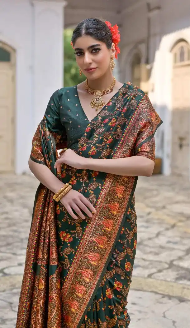 Green Soft Pashmina Silk Saree with Meena Work - 218073