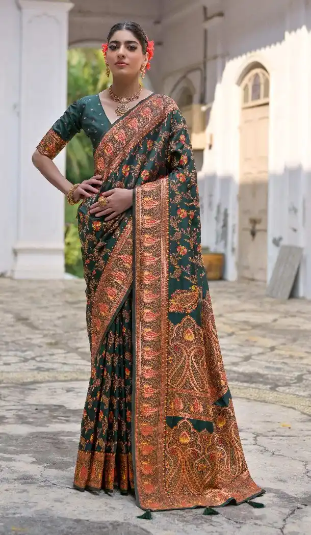 Green Soft Pashmina Silk Saree with Meena Work - 218073