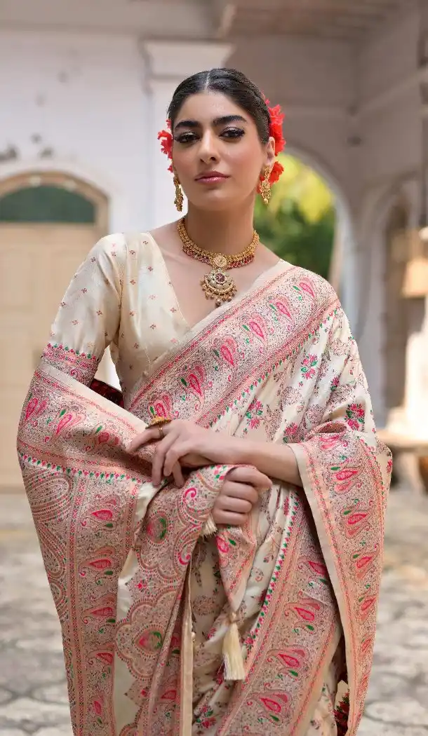Cream Kashmir Weaving Party Wear Saree - 218074