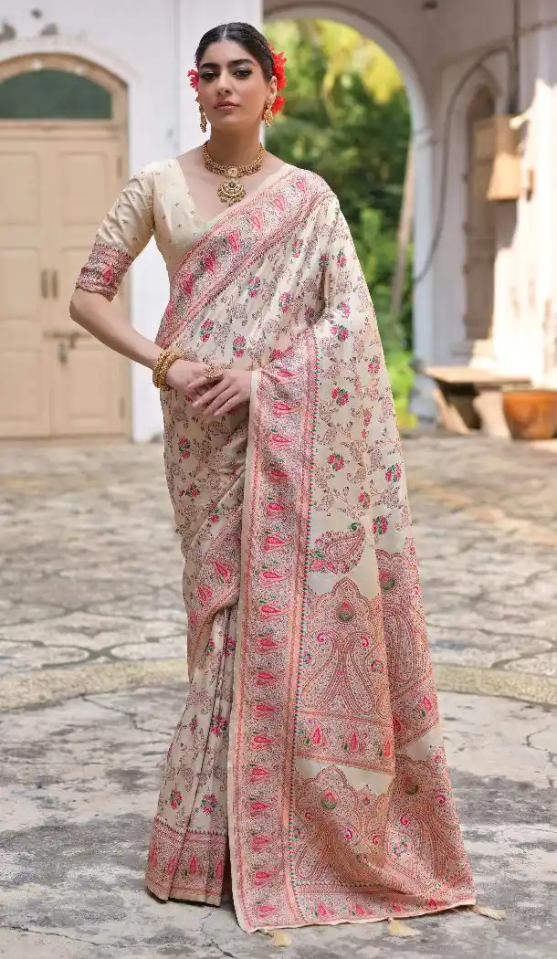 Cream Kashmir Weaving Party Wear Saree - 218074