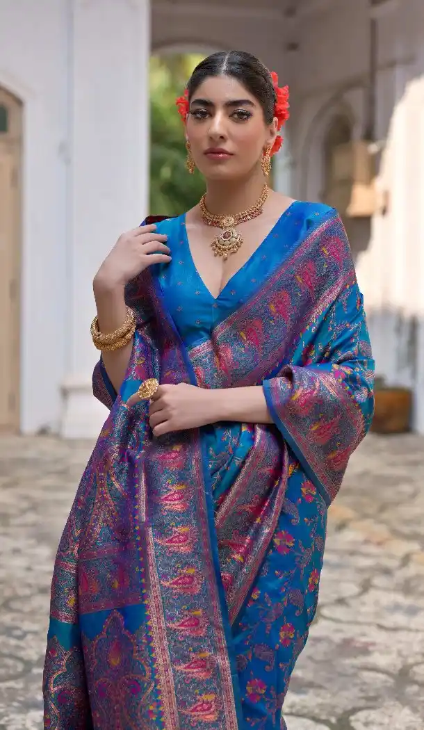 Firozi Soft Pashmina Silk Saree with Zari Work - 218075