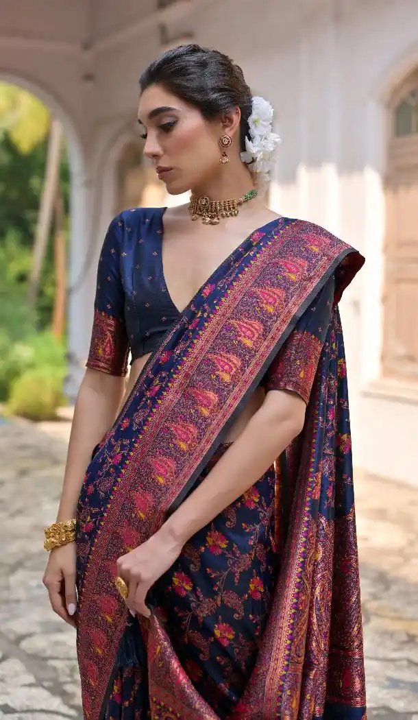 Navy Blue Kashmir Weaving Saree with Meena Work - 218076
