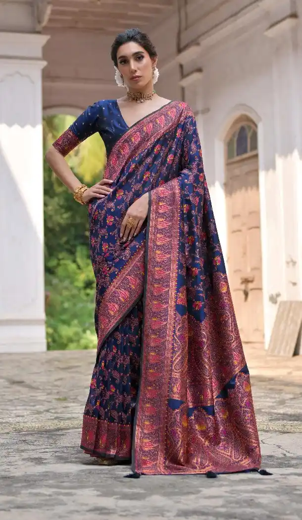 Navy Blue Kashmir Weaving Saree with Meena Work - 218076