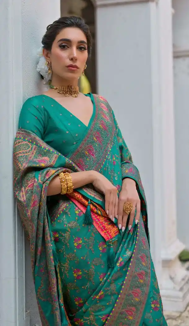 Rama Soft Pashmina Silk Saree with Kashmir Work - 218078