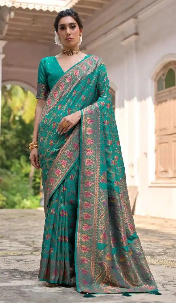 Rama Soft Pashmina Silk Saree with Kashmir Work - 218078