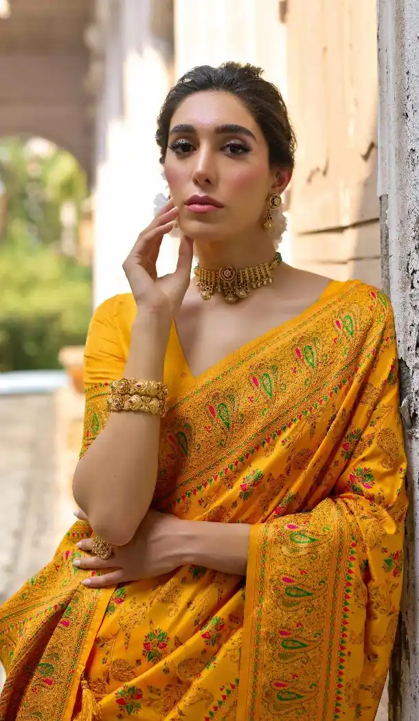 Yellow Party Wear Saree with Zari & Meena Work - 218079