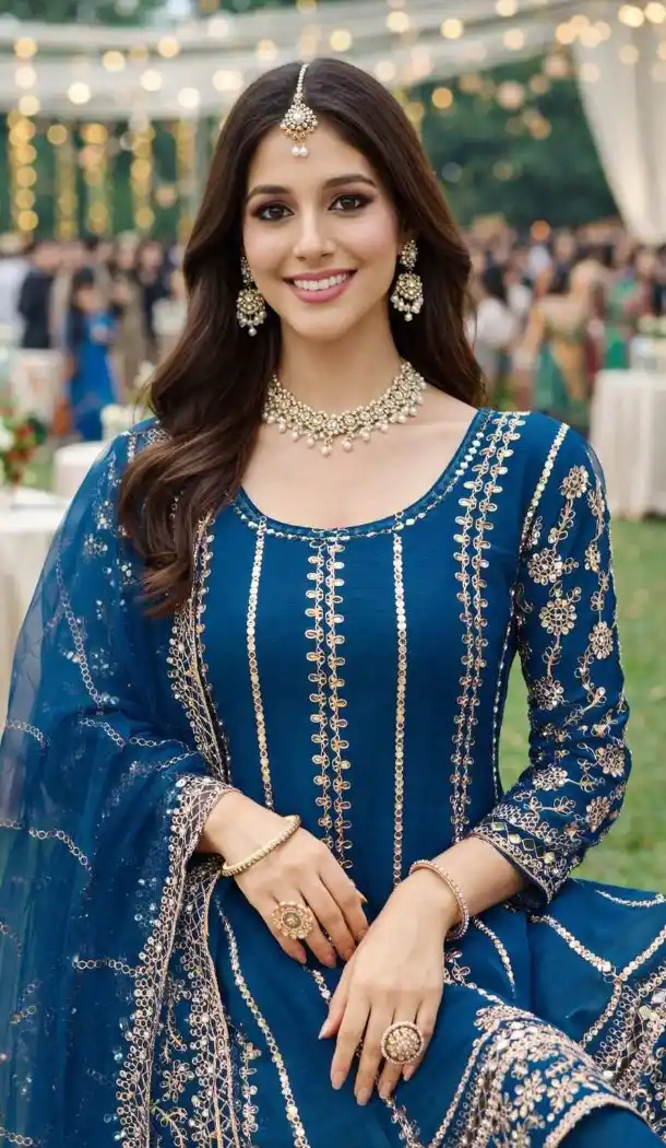 Blue Palazzo Suit in Premium Chinon with Mirror Work - 218115