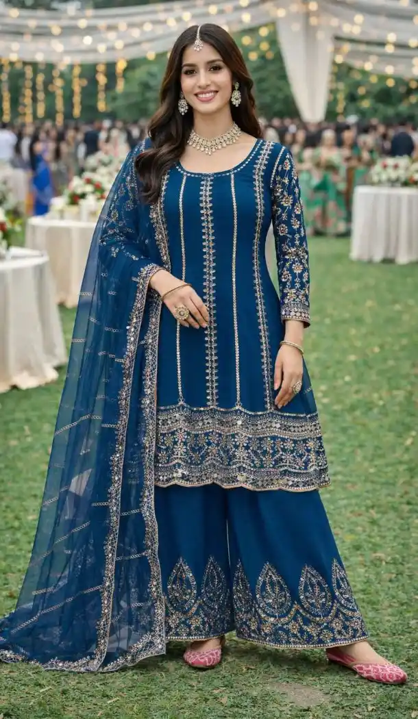 Blue Palazzo Suit in Premium Chinon with Mirror Work - 218115