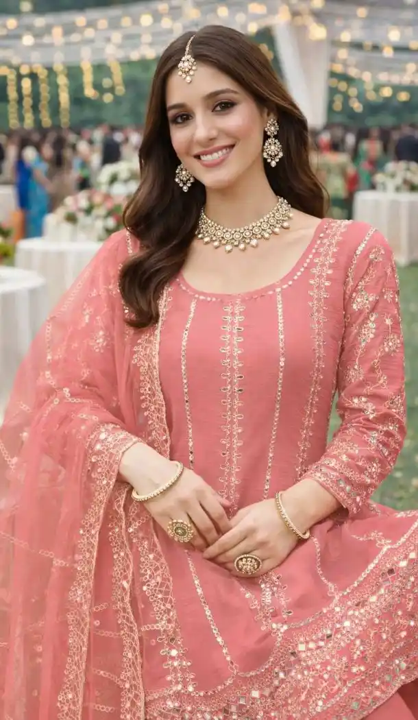 Pink Chinon Palazzo Suit with Embroidery Work - 218116