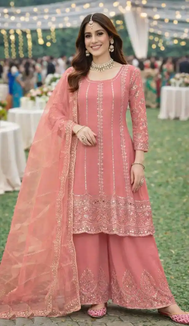 Pink Chinon Palazzo Suit with Embroidery Work - 218116