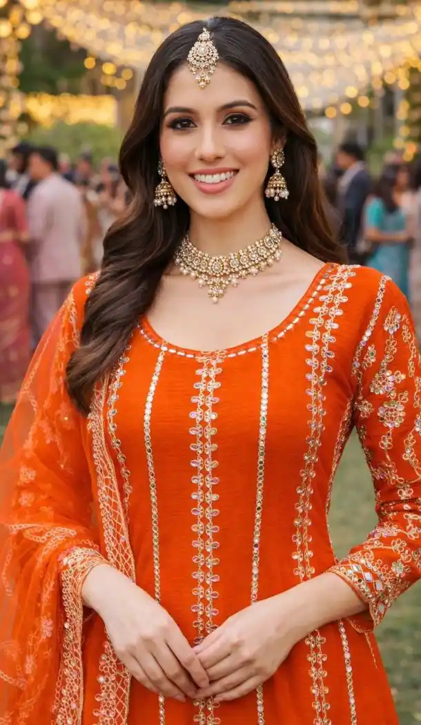 Orange Premium Chinon Palazzo Suit with Mirror Work - 218117