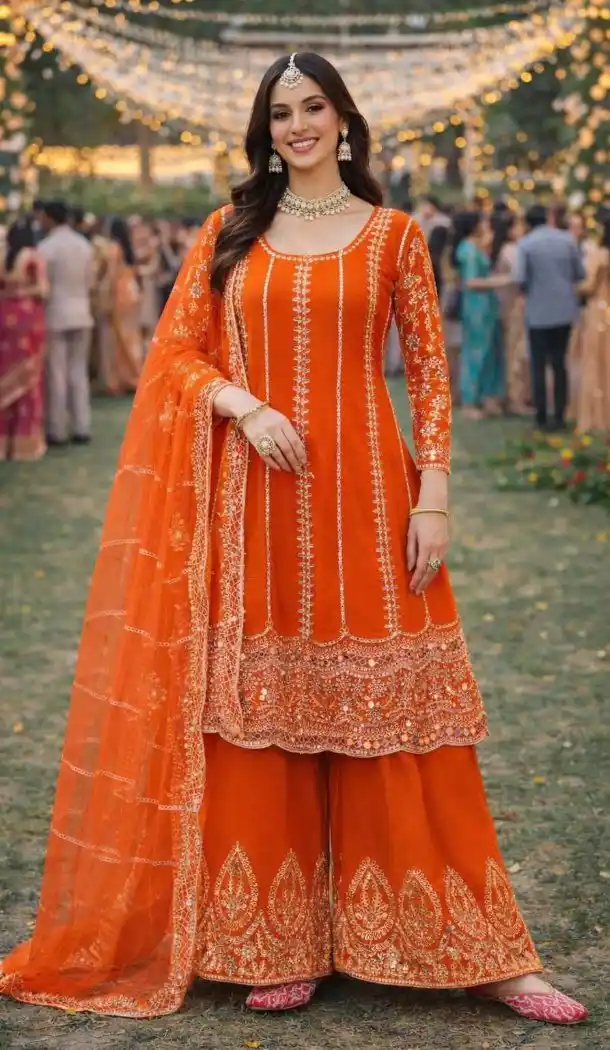 Orange Premium Chinon Palazzo Suit with Mirror Work - 218117