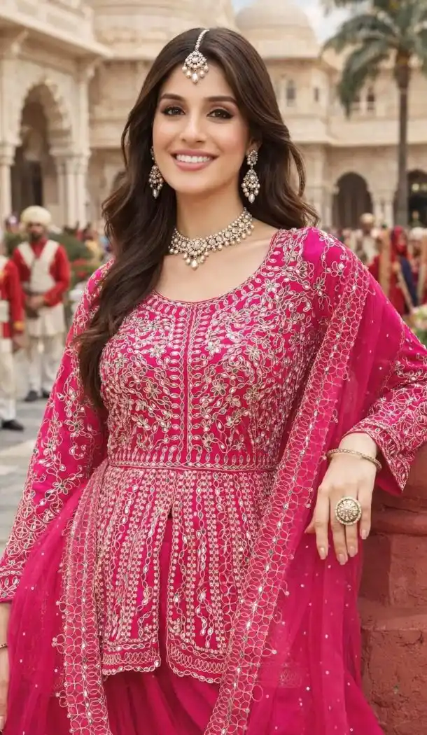 Pink Chinon Palazzo Suit with Embroidery & Mirror Work - 218120