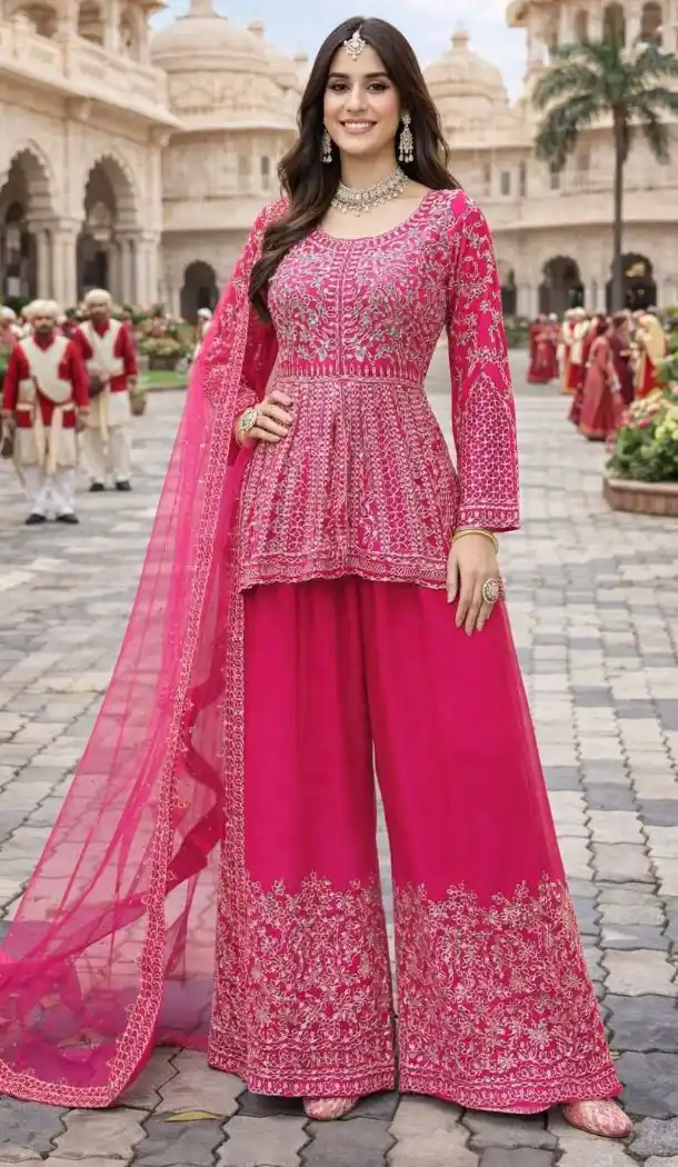 Pink Chinon Palazzo Suit with Embroidery & Mirror Work - 218120