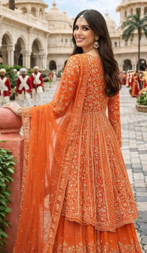 Orange Premium Chinon Palazzo Suit with Mirror Work - 218121