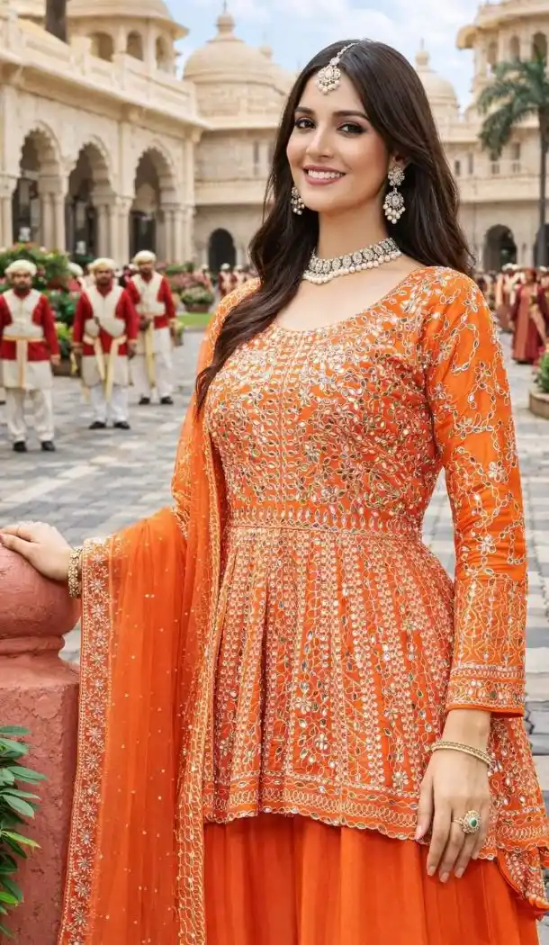 Orange Premium Chinon Palazzo Suit with Mirror Work - 218121