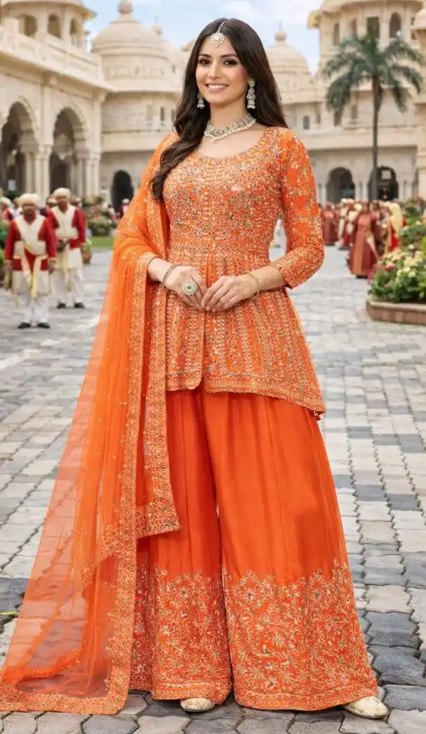 Orange Premium Chinon Palazzo Suit with Mirror Work - 218121