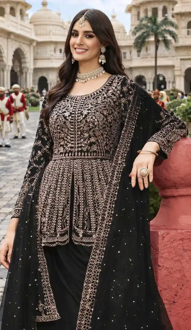 Black Chinon Palazzo Suit with Embroidery Work - 218122
